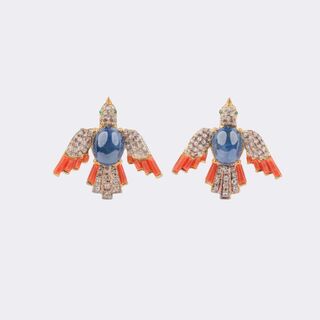 Paar Saphir Diamant Ohrstecker mit Koralle 'Vögel'