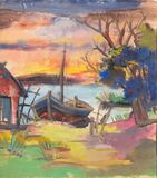 Boat on the Shore - Houses by a River - image 1