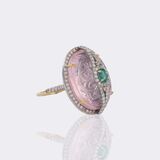 Rosenquarz Cameo Ring mit Brillanten und Smaragd Besatz - Bild 2