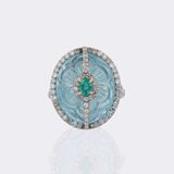 Aquamarin Cameo Ring mit Brillanten und Smaragd-Besatz - Bild 1