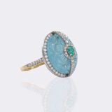 Aquamarin Cameo Ring mit Brillanten und Smaragd-Besatz - Bild 2