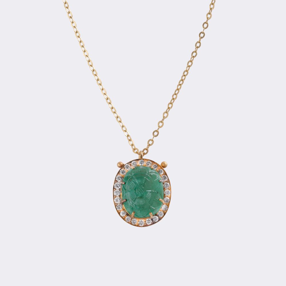Emerald brilliant pendant with flower decoration on chain - image 3