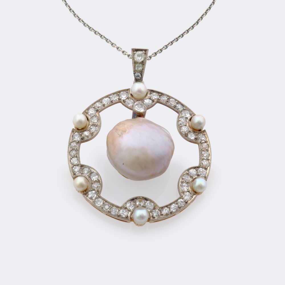 Art Nouveau Pearl and Diamond Pendant