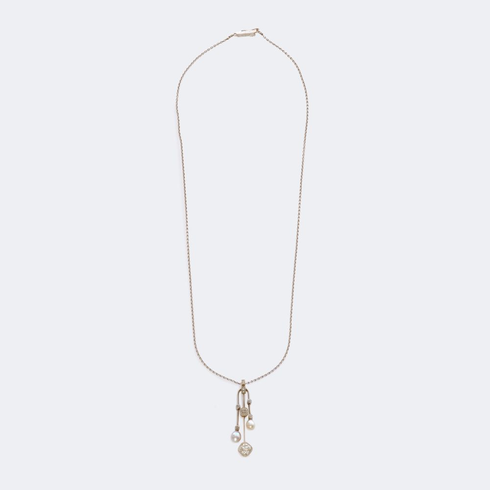 Art Nouveau Pearl Diamond Pendant on Chain - image 2