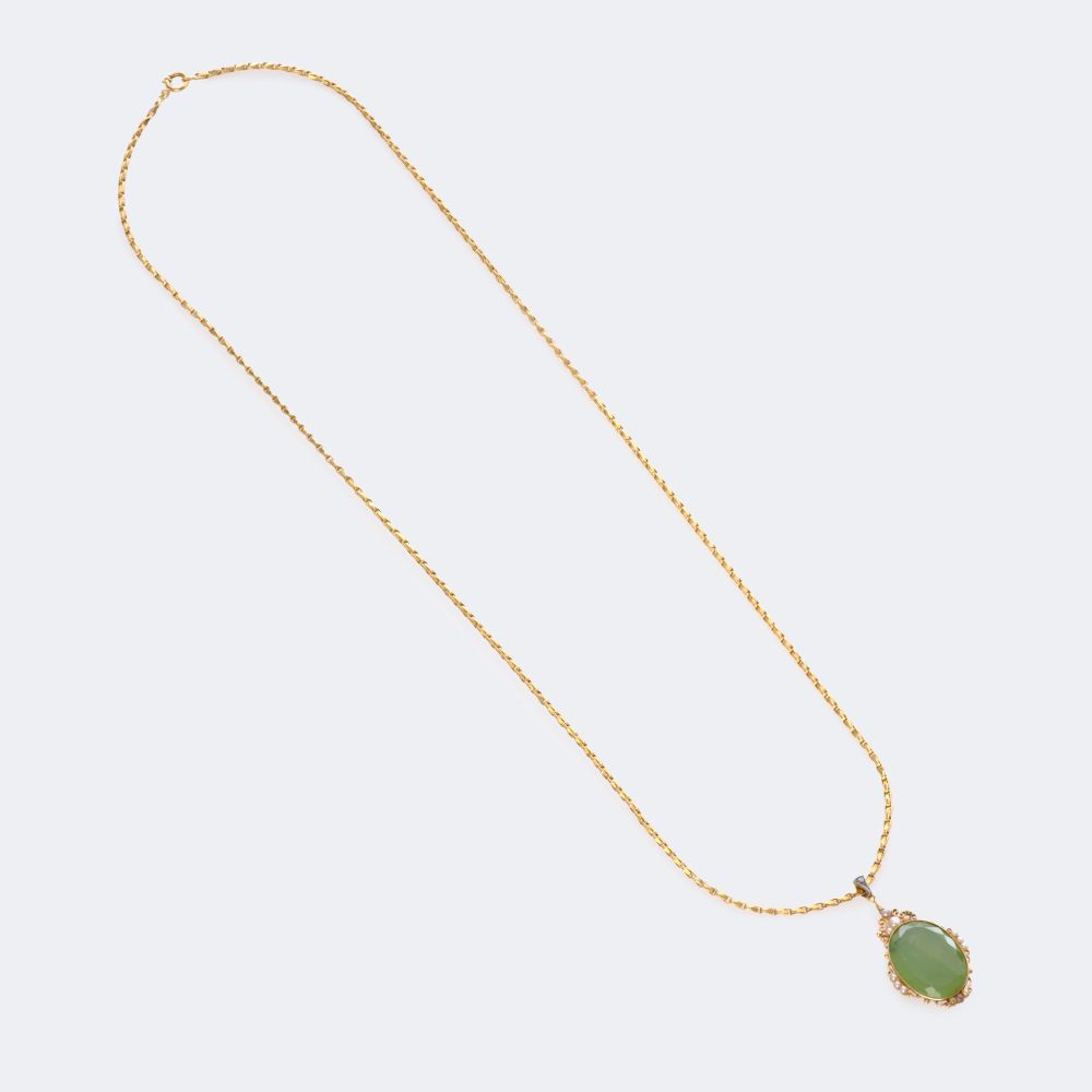 Art Nouveau Serpentine Pendant with Pearls on Chain - image 2