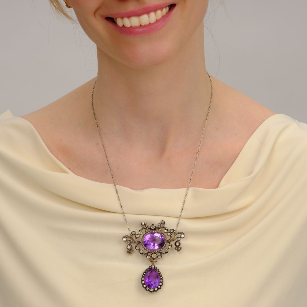 Ffin de siècle Pendant with Old Cut Diamonds and Amethysts - image 3
