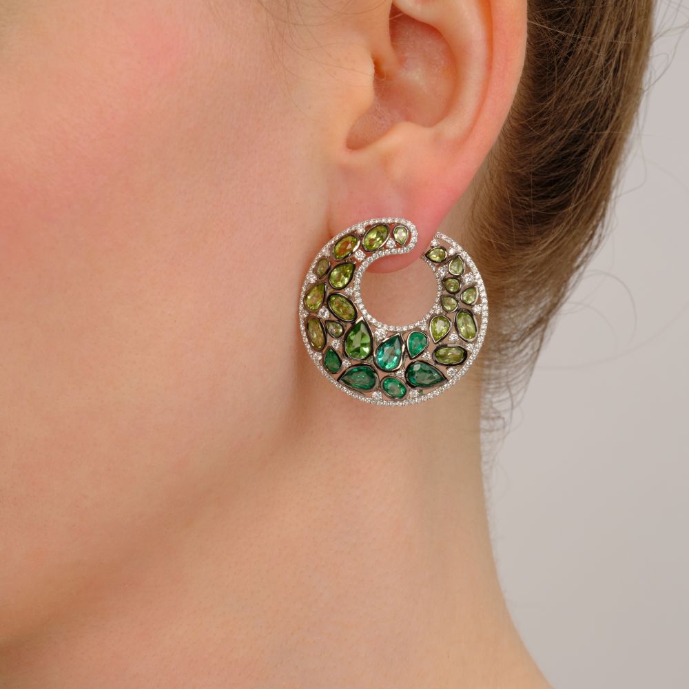 Pair of Emerald Peridot Diamond Earrings - image 2