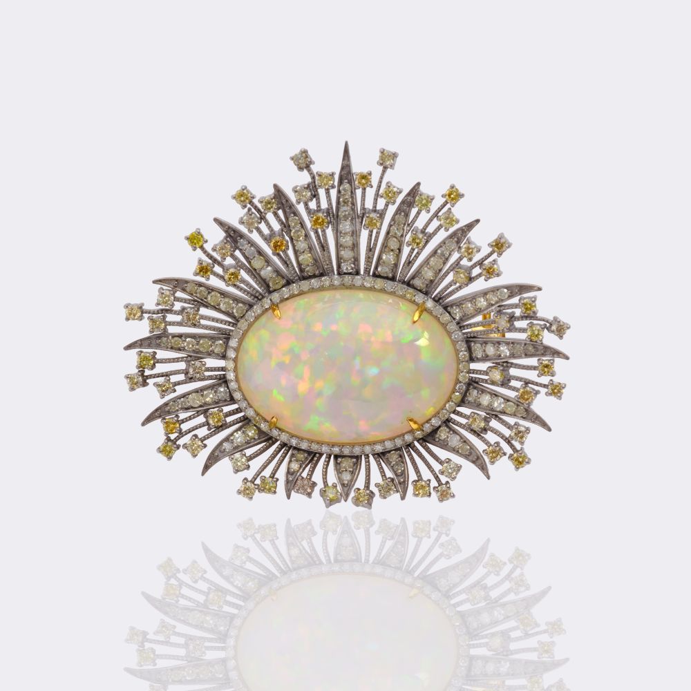Opal Brooch with Multicolored Diamonds