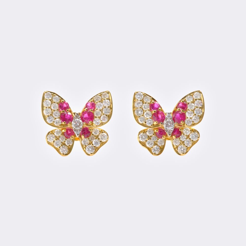 Pair of Ruby ​​Diamond Earstuds 'Butterflies'