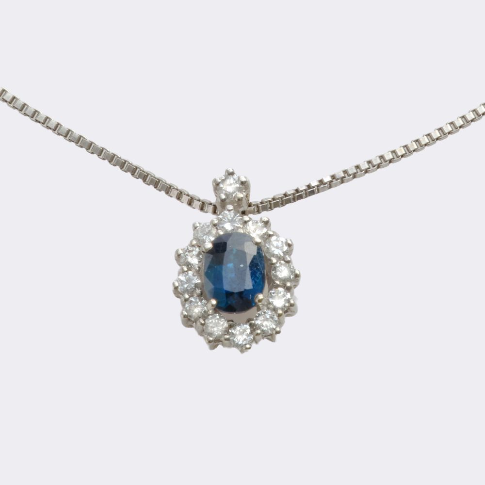 Small Sapphire Diamond Pendant on Necklace