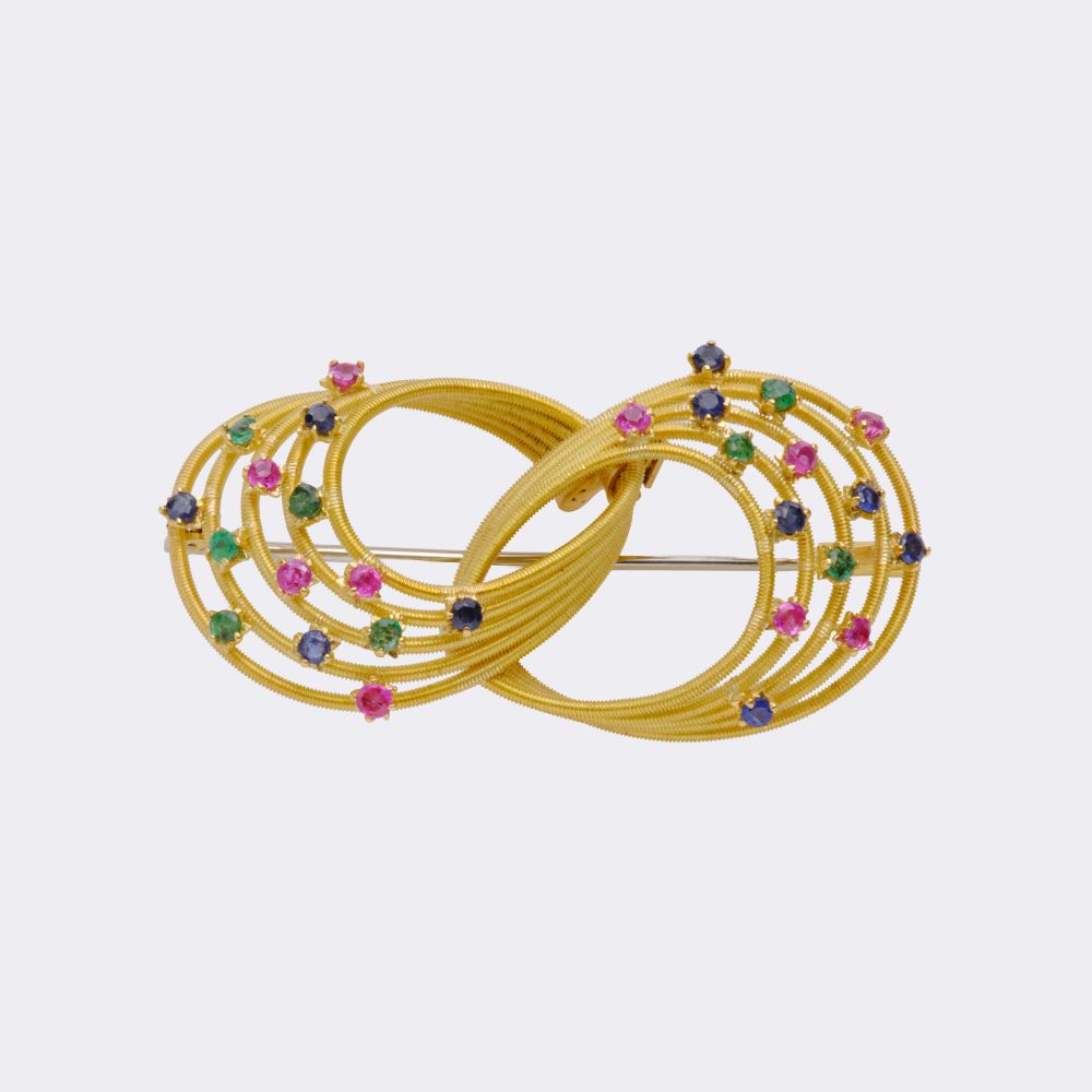 Vintage Brooch with Emeralds, Rubies and Sapphires