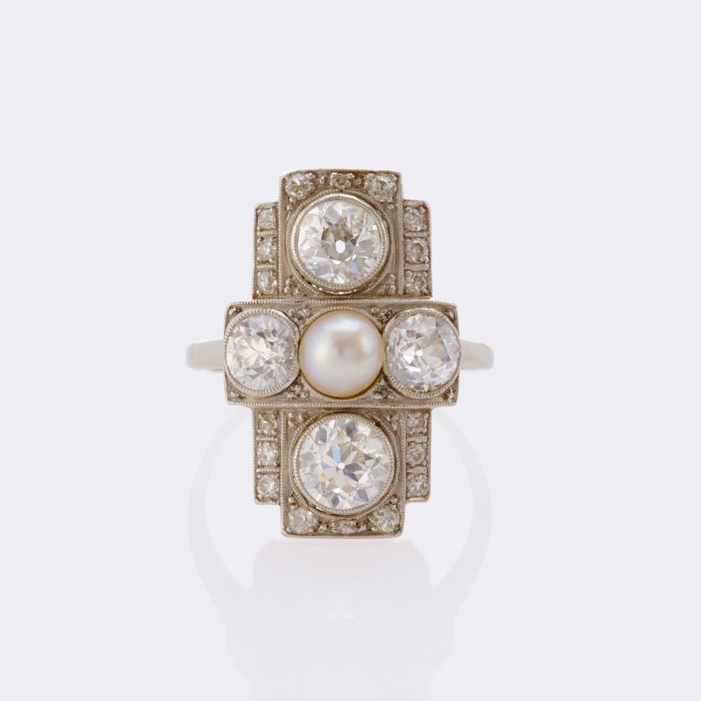 Art Nouveau Diamond Ring with Pearl