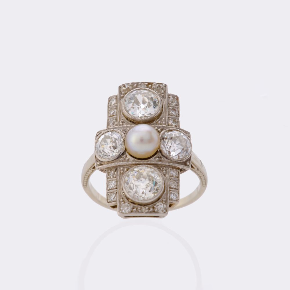 Art Nouveau Diamond Ring with Pearl - image 3