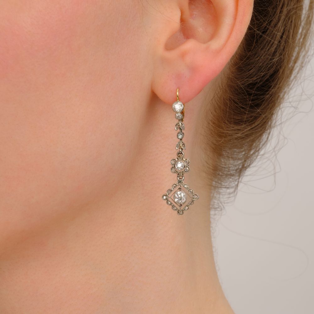 Pair of Art Nouveau Diamond Earrings - image 2