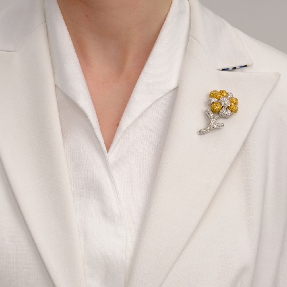 Bicolour Fancy Diamond Flower Brooch - image 2