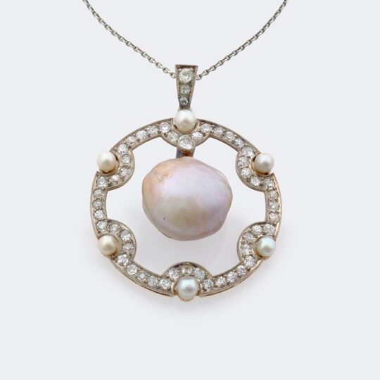 Art Nouveau Pearl and Diamond Pendant