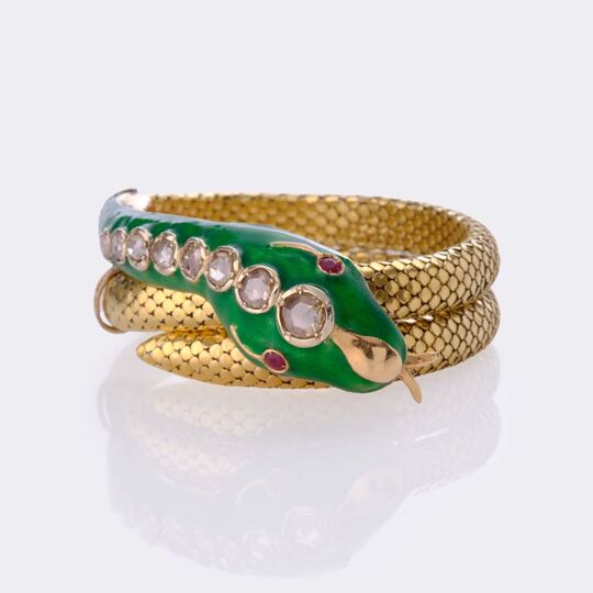 Art Nouveau Snake Bangle Bracelet with Diamonds