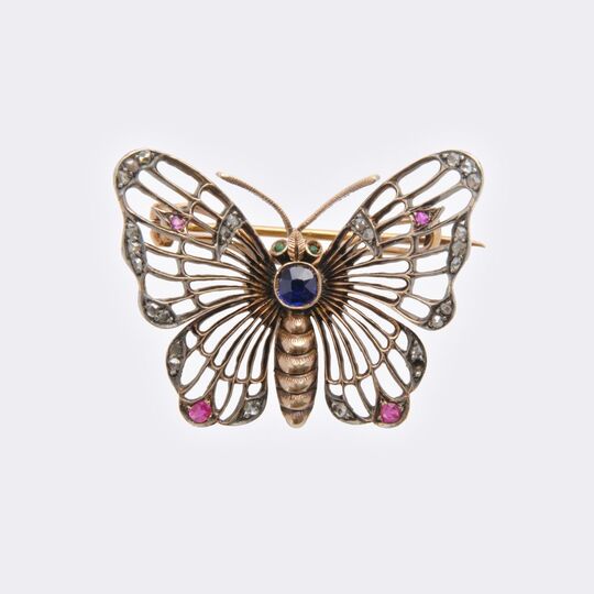 Fin de siècle Brooch 'Papillon' with Sapphire, Rubies and Diamonds