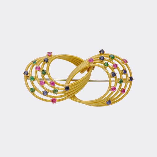 Vintage Brooch with Emeralds, Rubies and Sapphires