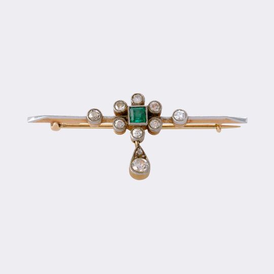 Small Art Nouveau emerald diamond brooch