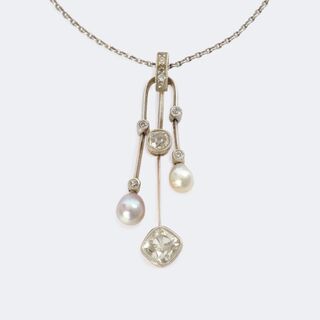  - Art Nouveau Pearl Diamond Pendant on Chain