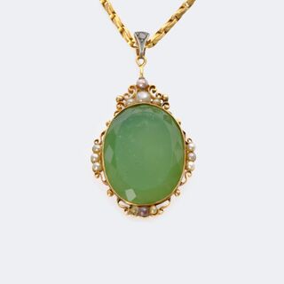  - Art Nouveau Serpentine Pendant with Pearls on Chain