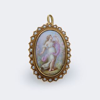  - Antique Brooch with Beads and Depiction of Flora