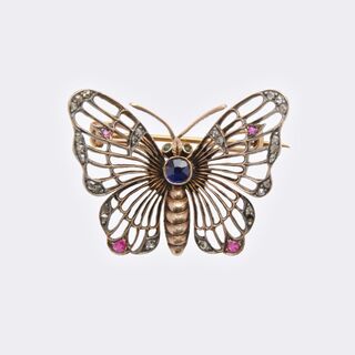  - Fin de siècle Brooch 'Papillon' with Sapphire, Rubies and Diamonds