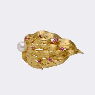  - Vintage Leaf Brooch with Rubies and Pearl