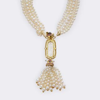Bernard Sylvain - Pearl Necklace with Diamond Chatelaine 'Hourglass of life'
