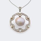 Art Nouveau Pearl and Diamond Pendant - image 1