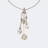 Art Nouveau Pearl Diamond Pendant on Chain - image 1