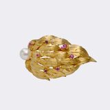 Vintage Leaf Brooch with Rubies and Pearl
