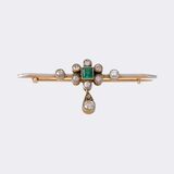 Small Art Nouveau emerald diamond brooch