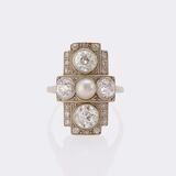 Art Nouveau Diamond Ring with Pearl - image 1