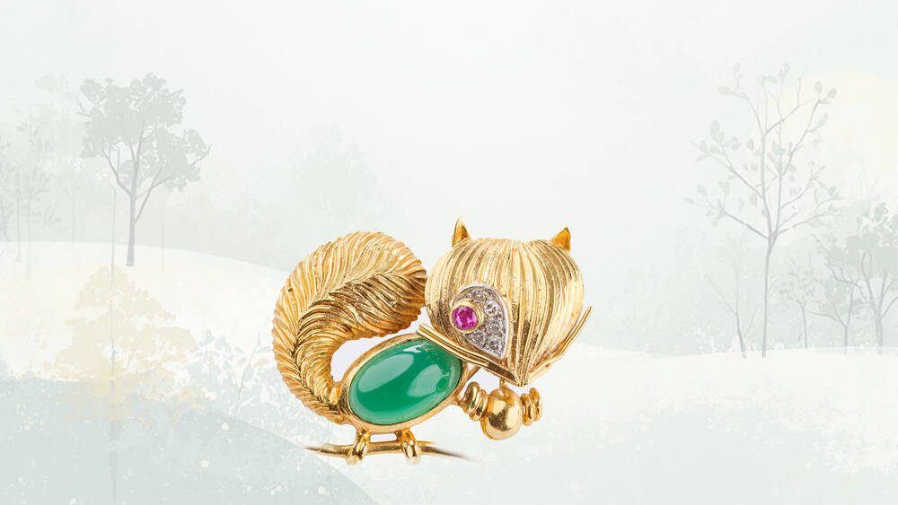 La Boutique Clipbrosche 'Eichhörnchen' mit Chrysopras, Diamanten und Rubin