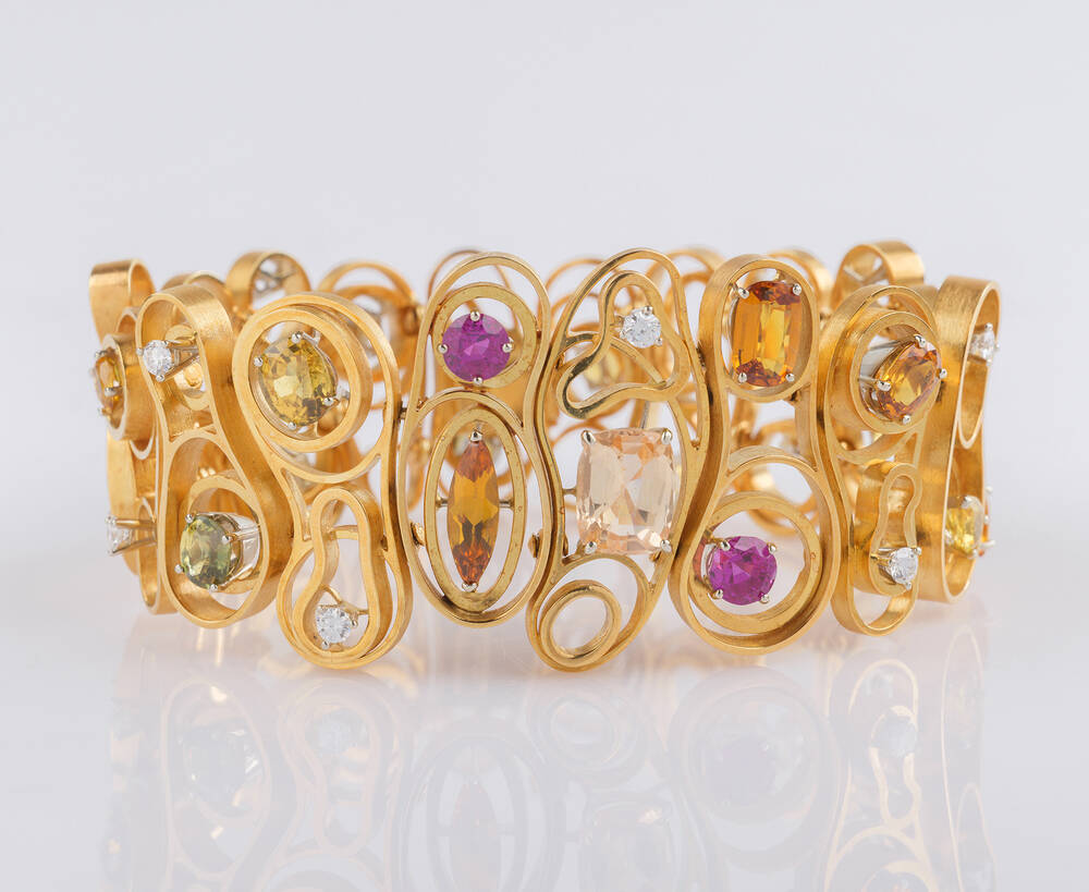 Hochkarätiges Goldarmband mit mehrfarbigen Saphiren, Pink Rubinen und Diamanten