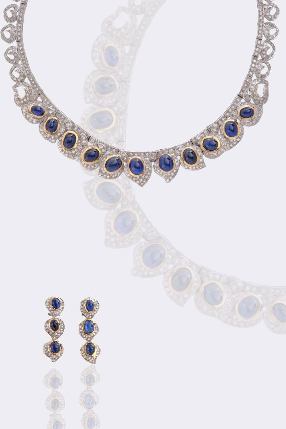 Saphir Diamant Gala Demi Parure 'Hearts and drops': Collier und Ohrringe