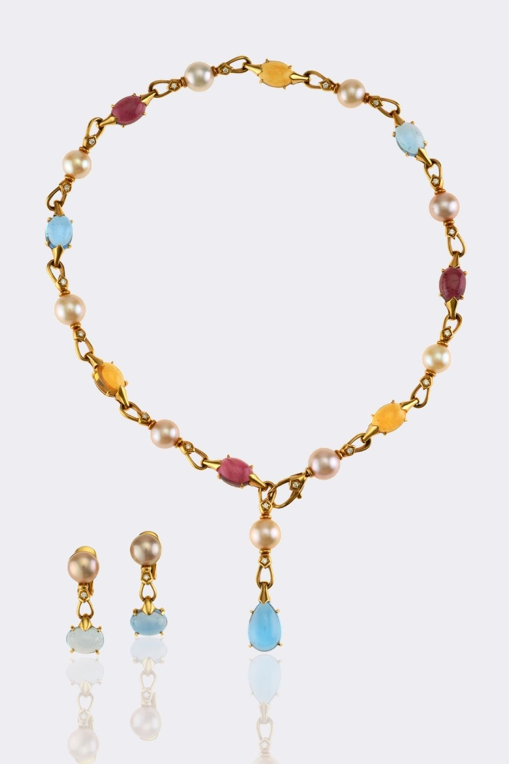 Farbedelstein Collier und Paar Ohrringe 'Allegra' mit Brillanten und Perlen