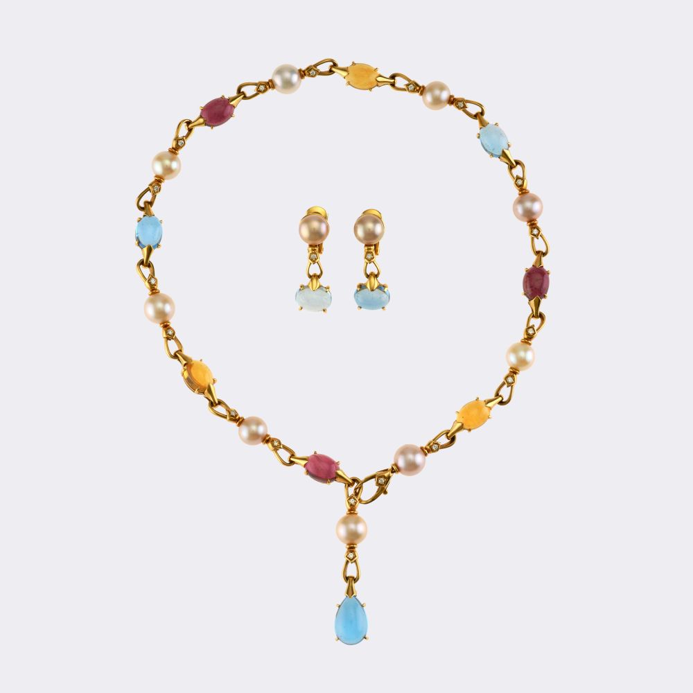 Bulgari Collier und Paar Ohrringe 'Allegra' mit Brillanten und Perlen